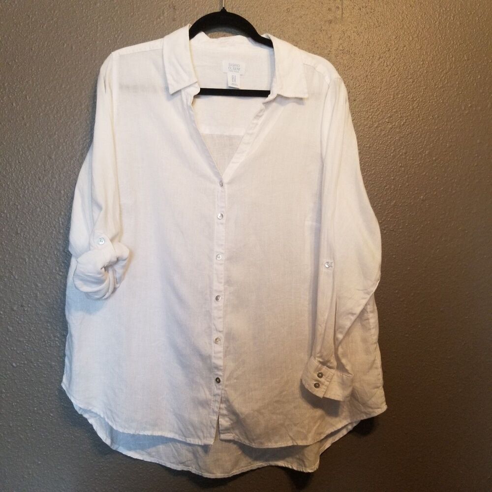 Sigrid Olsen 1x Top White 100% Linen Button Front… - image 1